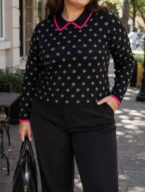Elena Wang Black Polka Dot Sweater Top Pink Trim Peter Pan Collar Preppy Casual